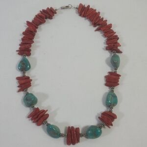 Native American Red Coral & Turquoise 925 Sterling Silver Lobster Clasp Necklace